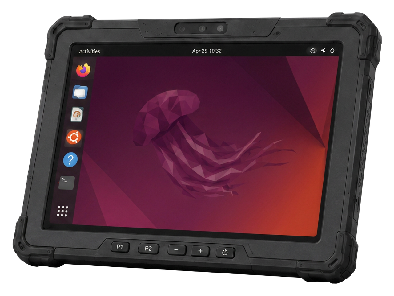 Evolve III Rugged Linux tablet shown from the front with an Ubuntu display